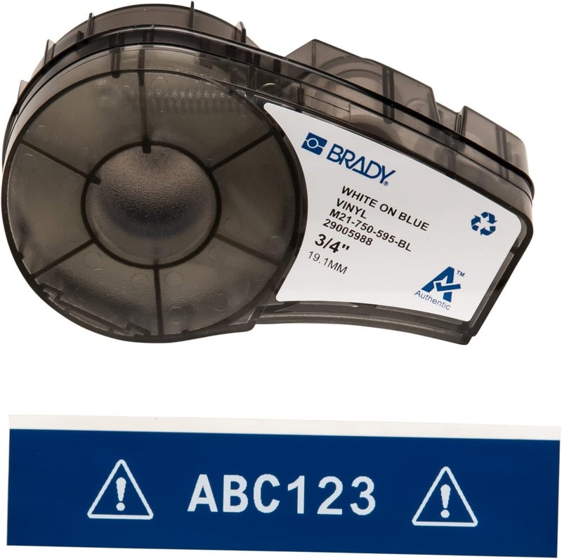 Brady Vinyl Tape for BMP21-PLUS, BMP21-LAB, and BMP21 - 19.05 mm x 6.40 m, White on Blue - Image 1