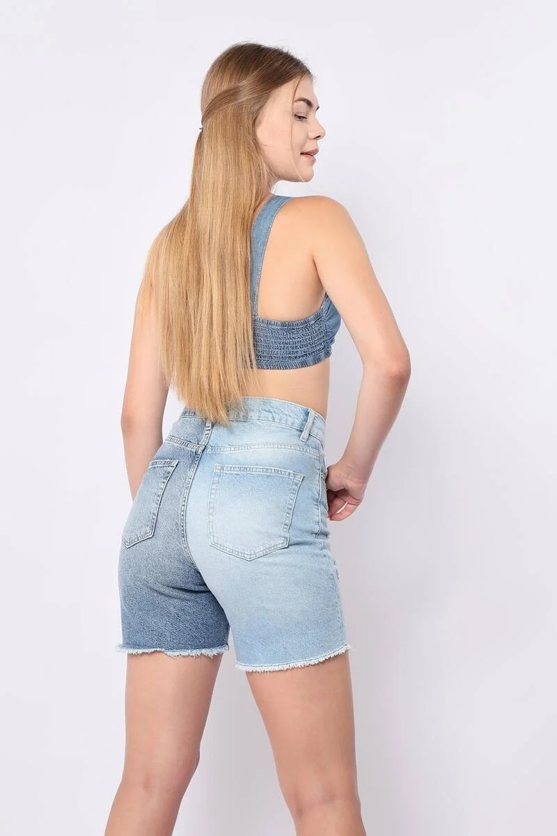 باني جينز Women's Blue Ripped Detailed Jean Shorts