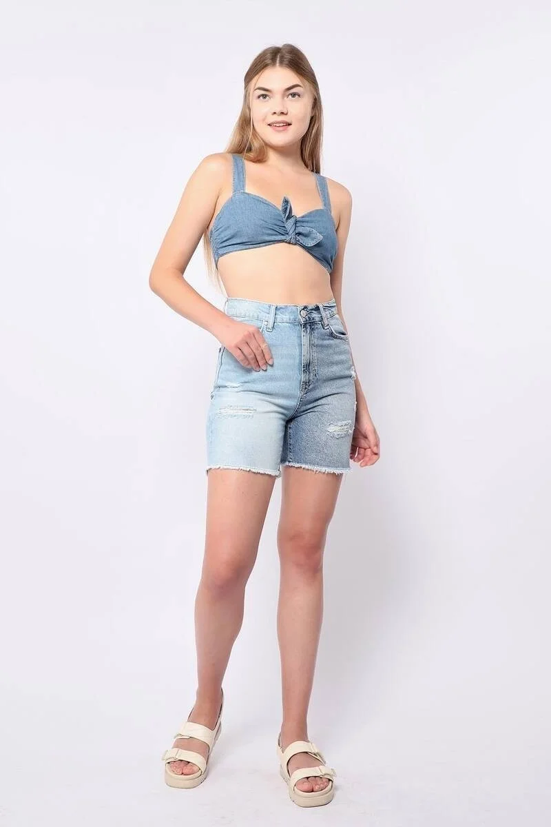 باني جينز Women's Blue Ripped Detailed Jean Shorts