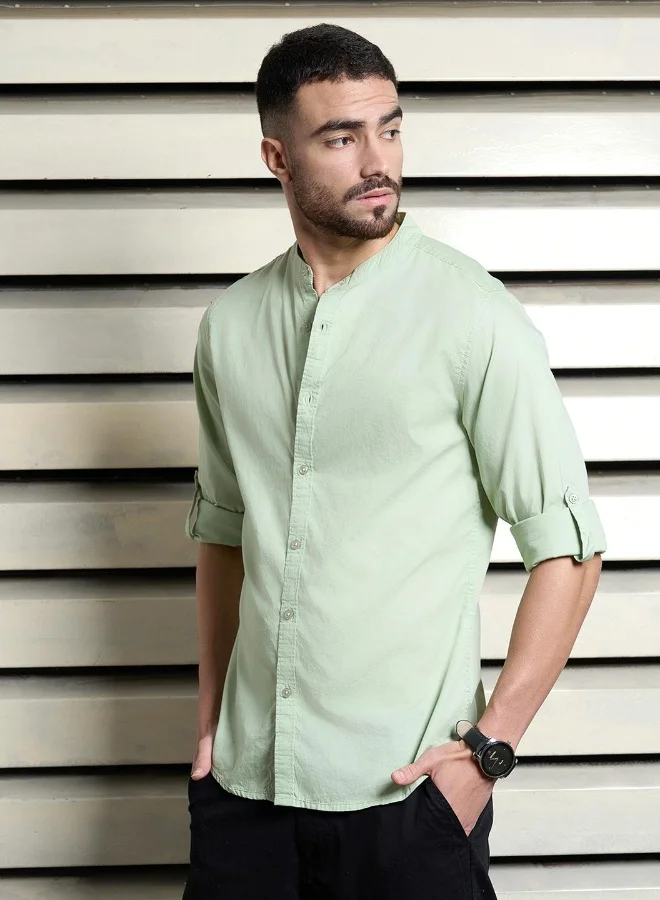 HIGH STAR Men's Green 100% Cotton Solid Pattern Button Down Regular Fit Shirt