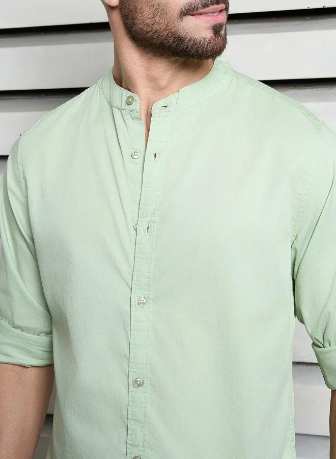 HIGH STAR Men's Green 100% Cotton Solid Pattern Button Down Regular Fit Shirt