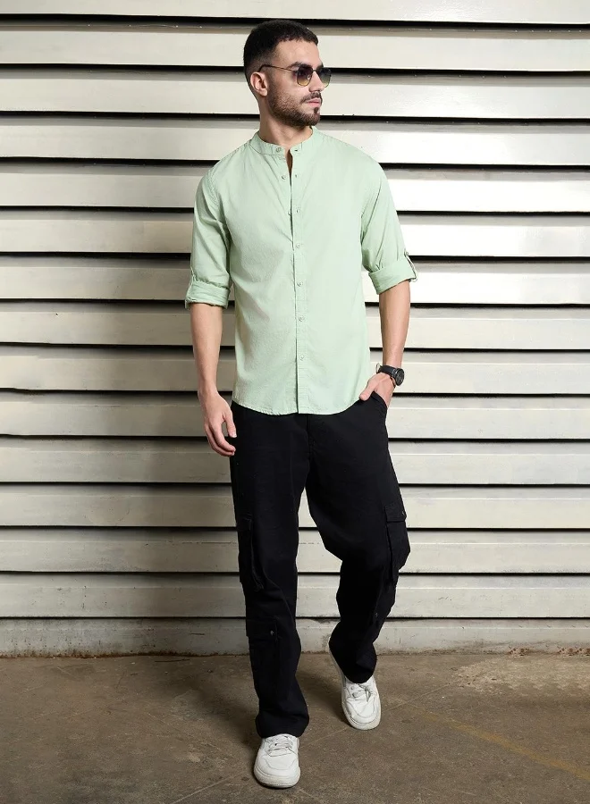 HIGH STAR Men's Green 100% Cotton Solid Pattern Button Down Regular Fit Shirt
