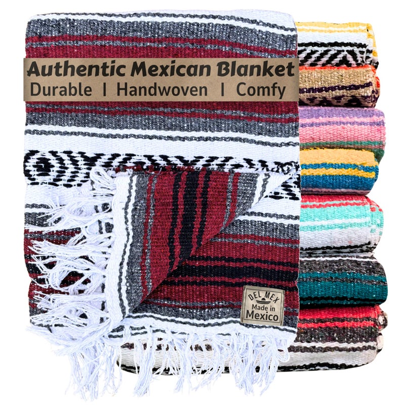 Del Mex Classic Mexican Blanket  Large Authentic Woven Falsa Throw (75""x50"")  Artisan Southwest D?cor for Beach  Yoga  Outdoors (Burgundy) - Image 1