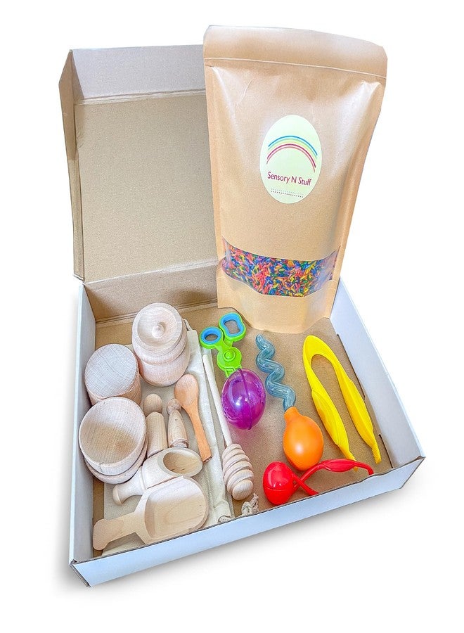 Sensory-N-Stuff - Rainbow Rice and Sensory Bin Tools (10 Pieces), Wooden Sensory Bin Tools and Scoops with Chemical-Free and Food-Safe Rice, Table Tools for Fine Motor Skills - Image 1