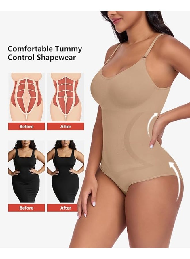 Showday Seamless Shapewear Bodysuit for Women – Tummy Control, Adjustable Straps, Slim Fit Body Shaper (Beige/Black) - Image 3