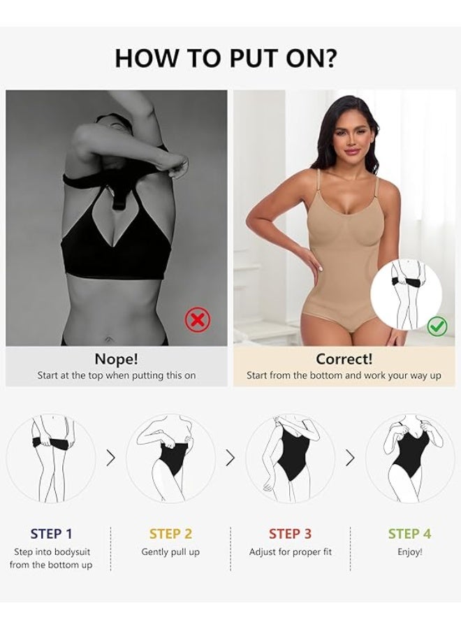 Showday Seamless Shapewear Bodysuit for Women – Tummy Control, Adjustable Straps, Slim Fit Body Shaper (Beige/Black) - Image 5