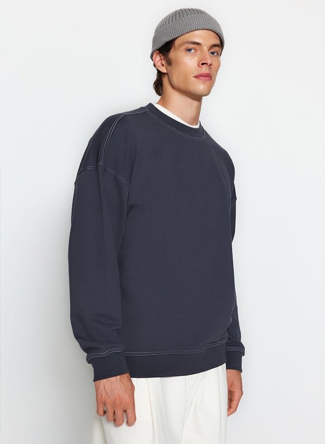 trendyol Anthracite Oversize/Wide Cut Contrast Stitch Detailed Crew Neck Sweatshirt - Image 3