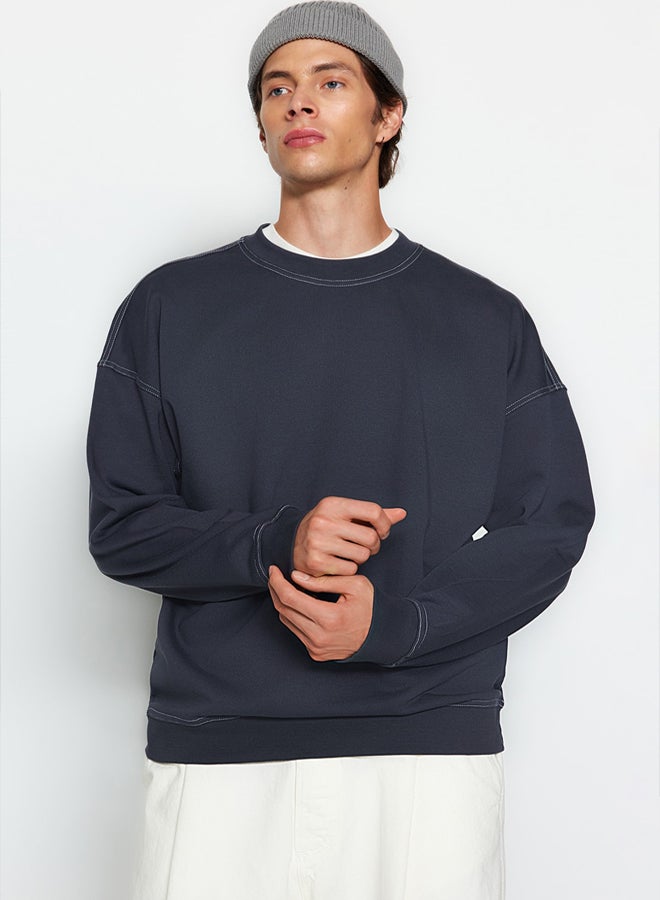 trendyol Anthracite Oversize/Wide Cut Contrast Stitch Detailed Crew Neck Sweatshirt - Image 2