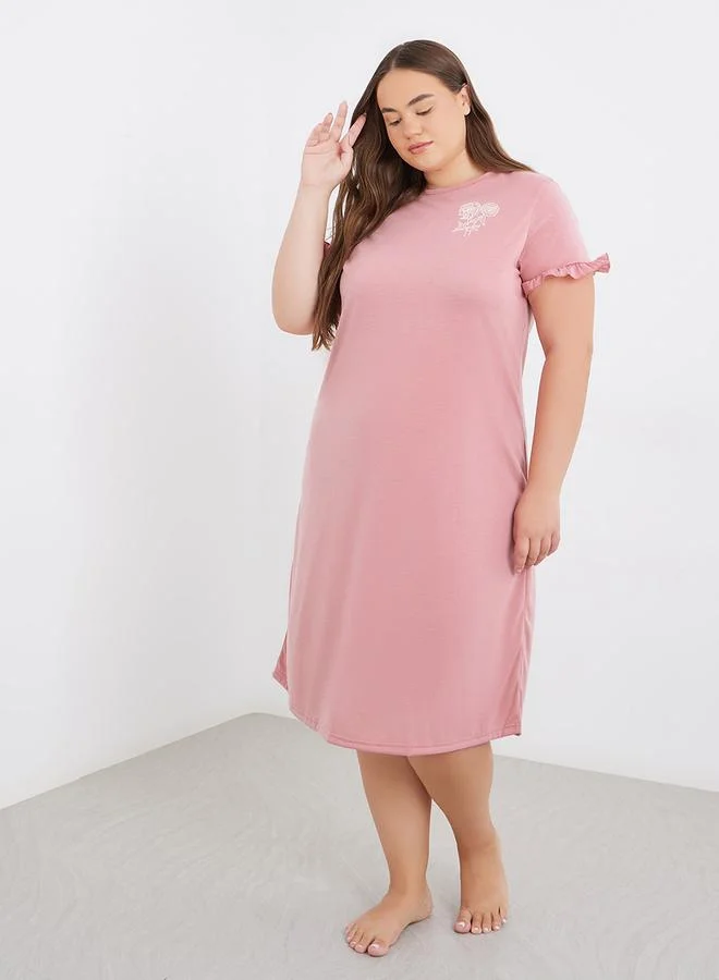 Styli Styli Plus Slogan Print Ruffle Sleeve Sleep T-Shirt Dress