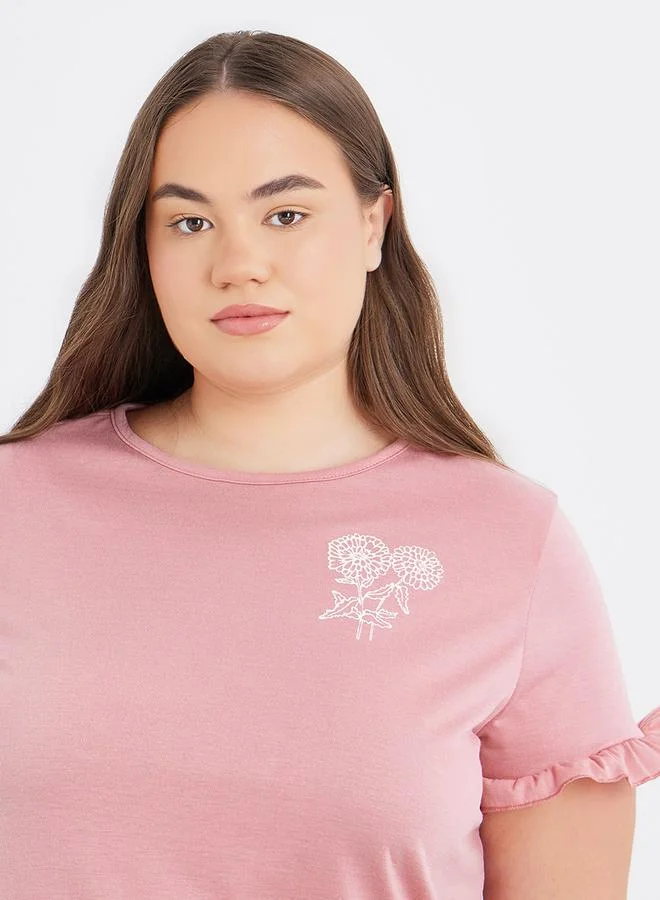 Styli Styli Plus Slogan Print Ruffle Sleeve Sleep T-Shirt Dress