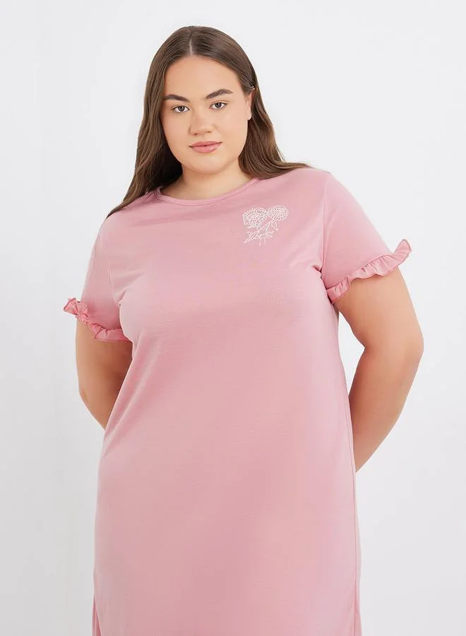 Styli Styli Plus Slogan Print Ruffle Sleeve Sleep T-Shirt Dress