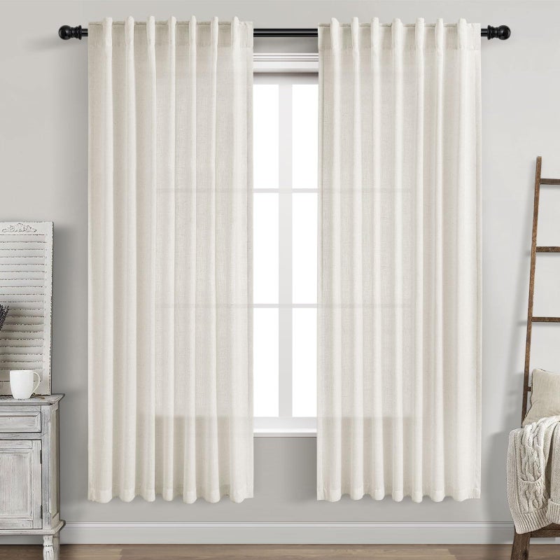 Nanspring Cream White Linen Curtains 72 Inch Length 2 Panels Set for Living Room Back Tab Pinch Pleated Window Curtain Drapes Neutral Rustic Farmhouse Decor Ivory Dining Room Curtain 72 inches Long - Image 1