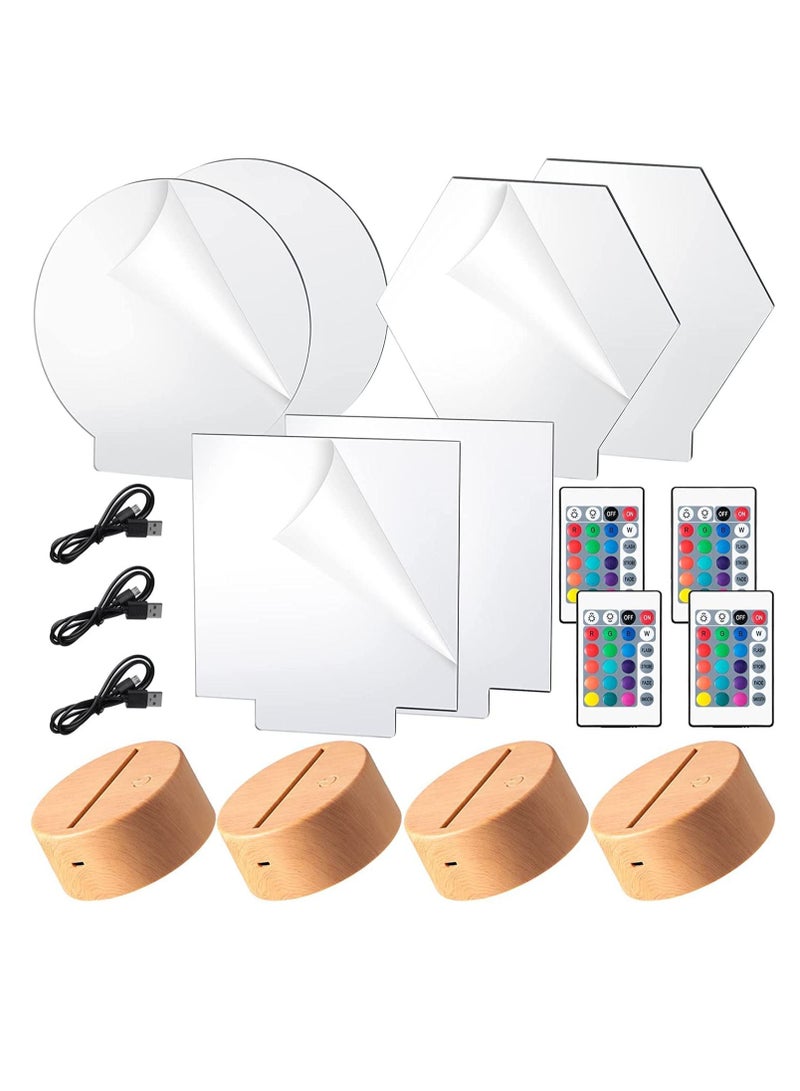 3D Night LED Light Lamp Bases 6 Pieces Clear Acrylic Sheets LED Display Base Acrylic Blanks for LED Base Acrylic Light Panel with Remote Control USB Cable 16 Colors 4 Modes 4 Pieces Wood Color  - Image 1