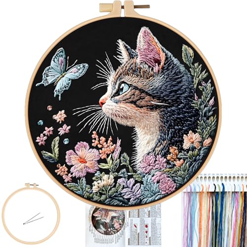 FONNUY Funny Cat Floral Embroidery Kit Cross Stitch Kits for Beginners Handmade Crafts with Printed Patterns for Beginner Adults Easy to Follow Color Thread Needlework 8 Hoop Radiant Cat - Image 1