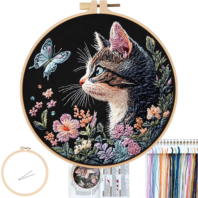 FONNUY Funny Cat Floral Embroidery Kit Cross Stitch Kits for Beginners Handmade Crafts with Printed Patterns for Beginner Adults Easy to Follow Color Thread Needlework 8 Hoop Radiant Cat - Image 3