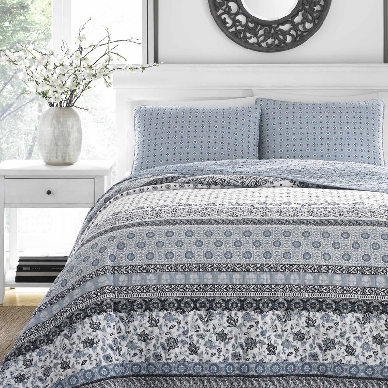 Stone Cottage - Twin Quilt Set, Reversible Cotton Bedding with Matching Sham, Block Print Bedding Set (Bexley Light Blue, Twin) - Image 1