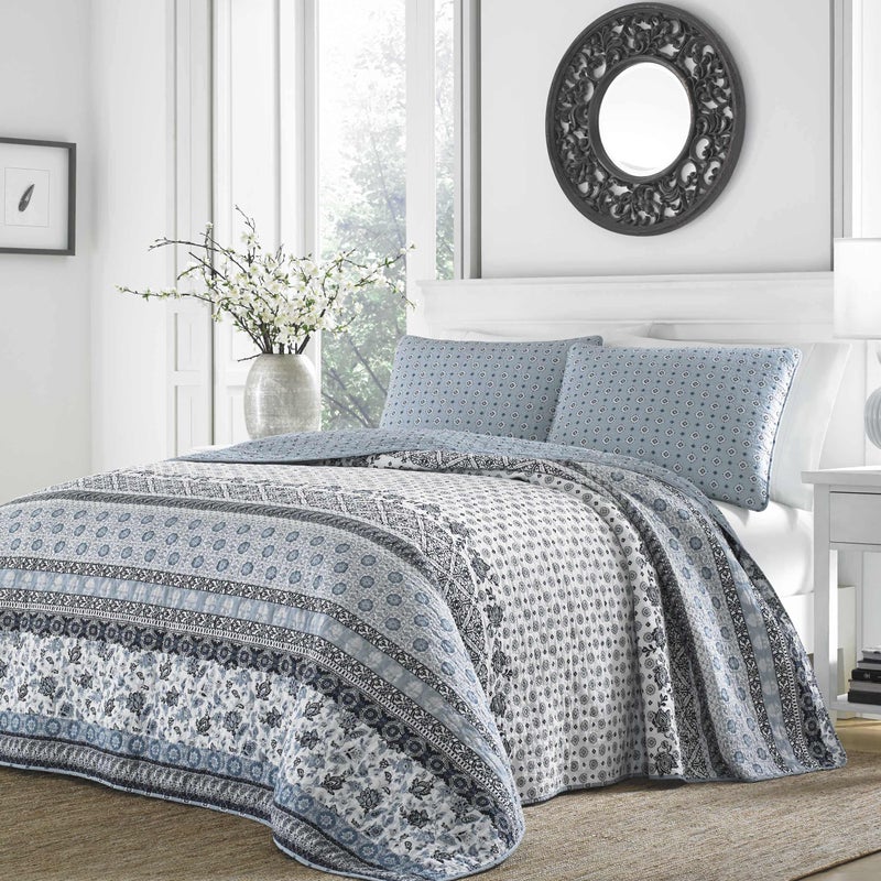 Stone Cottage - Twin Quilt Set, Reversible Cotton Bedding with Matching Sham, Block Print Bedding Set (Bexley Light Blue, Twin) - Image 2