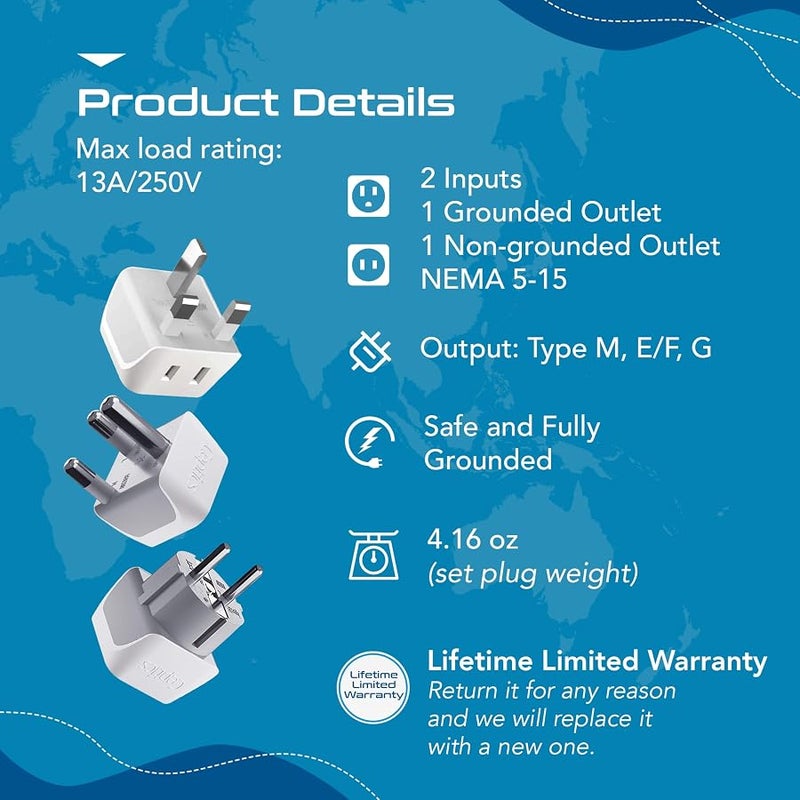 Ceptics African Travel Adapter Set 2 in 1 USA to Africa, S. Africa, Nigeria, Ghana, Uganda (Type M, E/F, Type G) - 3 Pack (Does Not Convert Voltage) - Image 5
