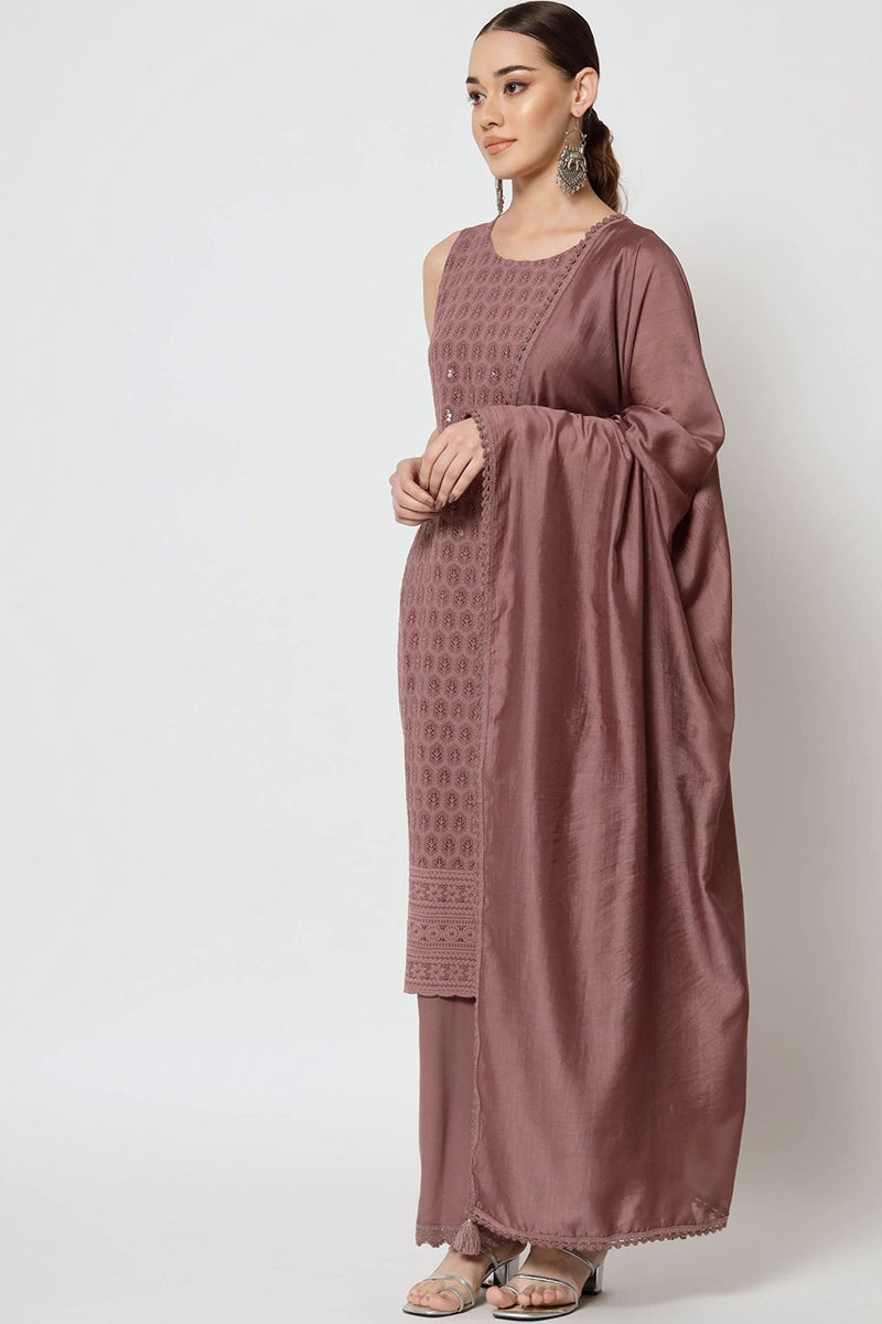 SHOPPING QUEEN Women's Rayon Chikankari Lucknowi Kurta Palazzo with Dupatta Set (A472_Onion_4XL) - Image 3