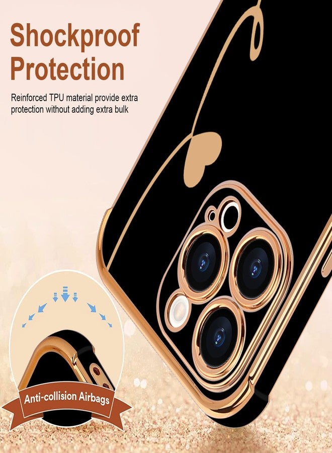 جراب LCHULLE لهاتف iPhone 15 Pro Max، تصميم أنيق للنساء والفتيات، مزود بواقيين للشاشة بتصميم قلب الحب، مطلي بطبقة فاخرة، مصنوع من مادة TPU الناعمة المقاومة للصدمات، لحماية عدسة الكاميرا، متوفر باللون الأسود. - Image 3