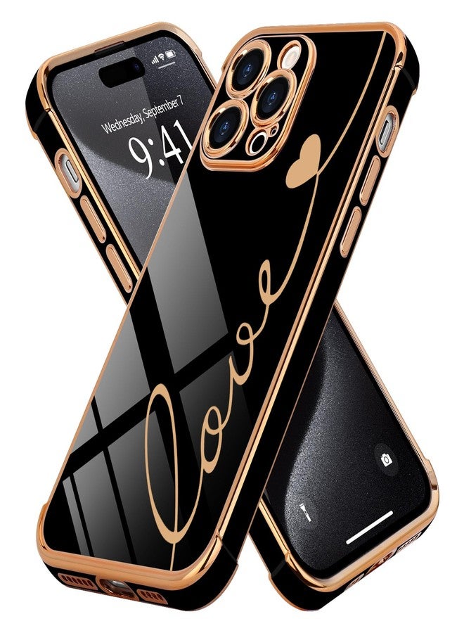 جراب LCHULLE لهاتف iPhone 15 Pro Max، تصميم أنيق للنساء والفتيات، مزود بواقيين للشاشة بتصميم قلب الحب، مطلي بطبقة فاخرة، مصنوع من مادة TPU الناعمة المقاومة للصدمات، لحماية عدسة الكاميرا، متوفر باللون الأسود. - Image 1