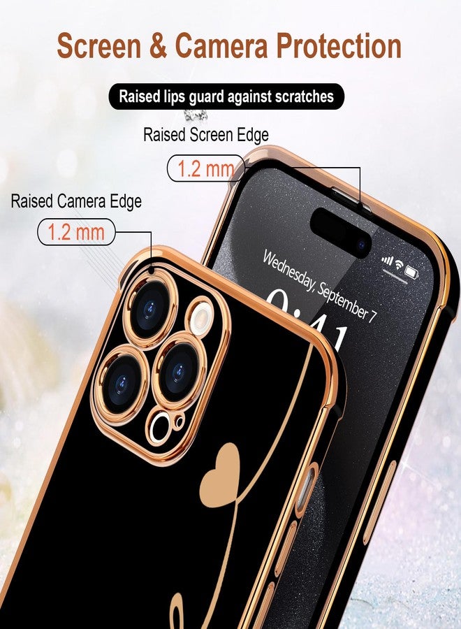 جراب LCHULLE لهاتف iPhone 15 Pro Max، تصميم أنيق للنساء والفتيات، مزود بواقيين للشاشة بتصميم قلب الحب، مطلي بطبقة فاخرة، مصنوع من مادة TPU الناعمة المقاومة للصدمات، لحماية عدسة الكاميرا، متوفر باللون الأسود. - Image 4