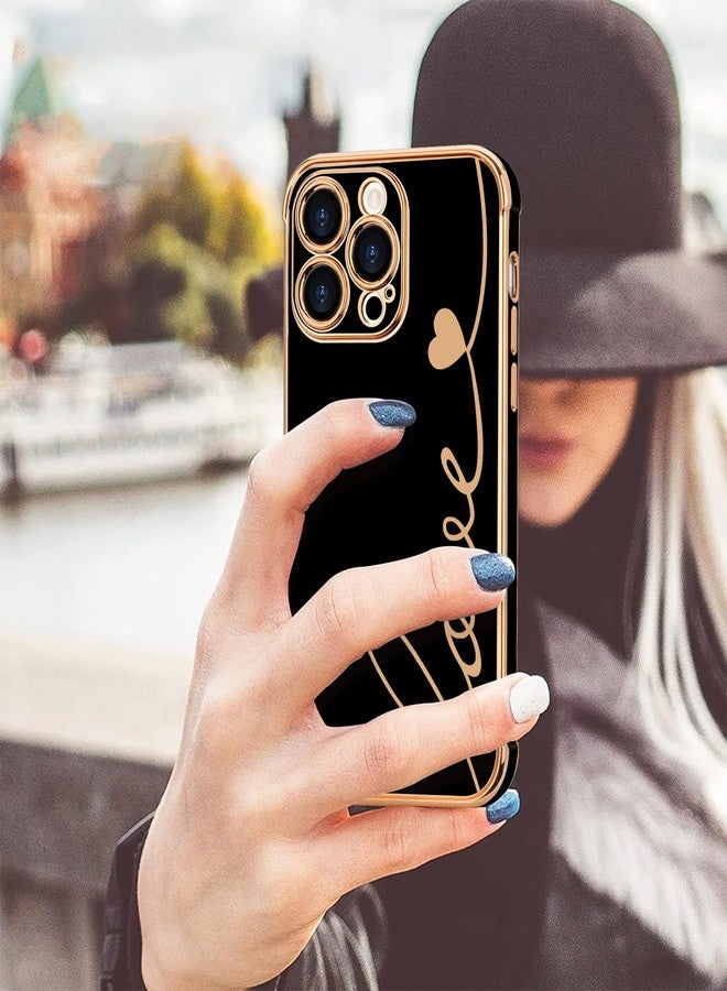 جراب LCHULLE لهاتف iPhone 15 Pro Max، تصميم أنيق للنساء والفتيات، مزود بواقيين للشاشة بتصميم قلب الحب، مطلي بطبقة فاخرة، مصنوع من مادة TPU الناعمة المقاومة للصدمات، لحماية عدسة الكاميرا، متوفر باللون الأسود. - Image 5