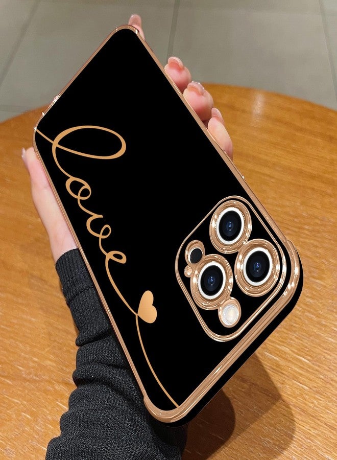 جراب LCHULLE لهاتف iPhone 15 Pro Max، تصميم أنيق للنساء والفتيات، مزود بواقيين للشاشة بتصميم قلب الحب، مطلي بطبقة فاخرة، مصنوع من مادة TPU الناعمة المقاومة للصدمات، لحماية عدسة الكاميرا، متوفر باللون الأسود. - Image 2