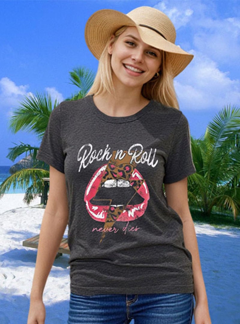 KBLDZHT Rock N Roll Shirt Women Vintage Rock Music Graphic Shirt Country Music Tee Funny Letter Printed Casual Short Sleeve Tops (Large, Grey) - Image 2