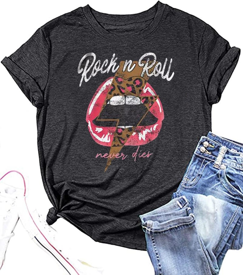 KBLDZHT Rock N Roll Shirt Women Vintage Rock Music Graphic Shirt Country Music Tee Funny Letter Printed Casual Short Sleeve Tops (Large, Grey) - Image 5