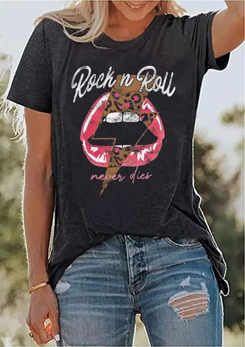 KBLDZHT Rock N Roll Shirt Women Vintage Rock Music Graphic Shirt Country Music Tee Funny Letter Printed Casual Short Sleeve Tops (Large, Grey) - Image 3