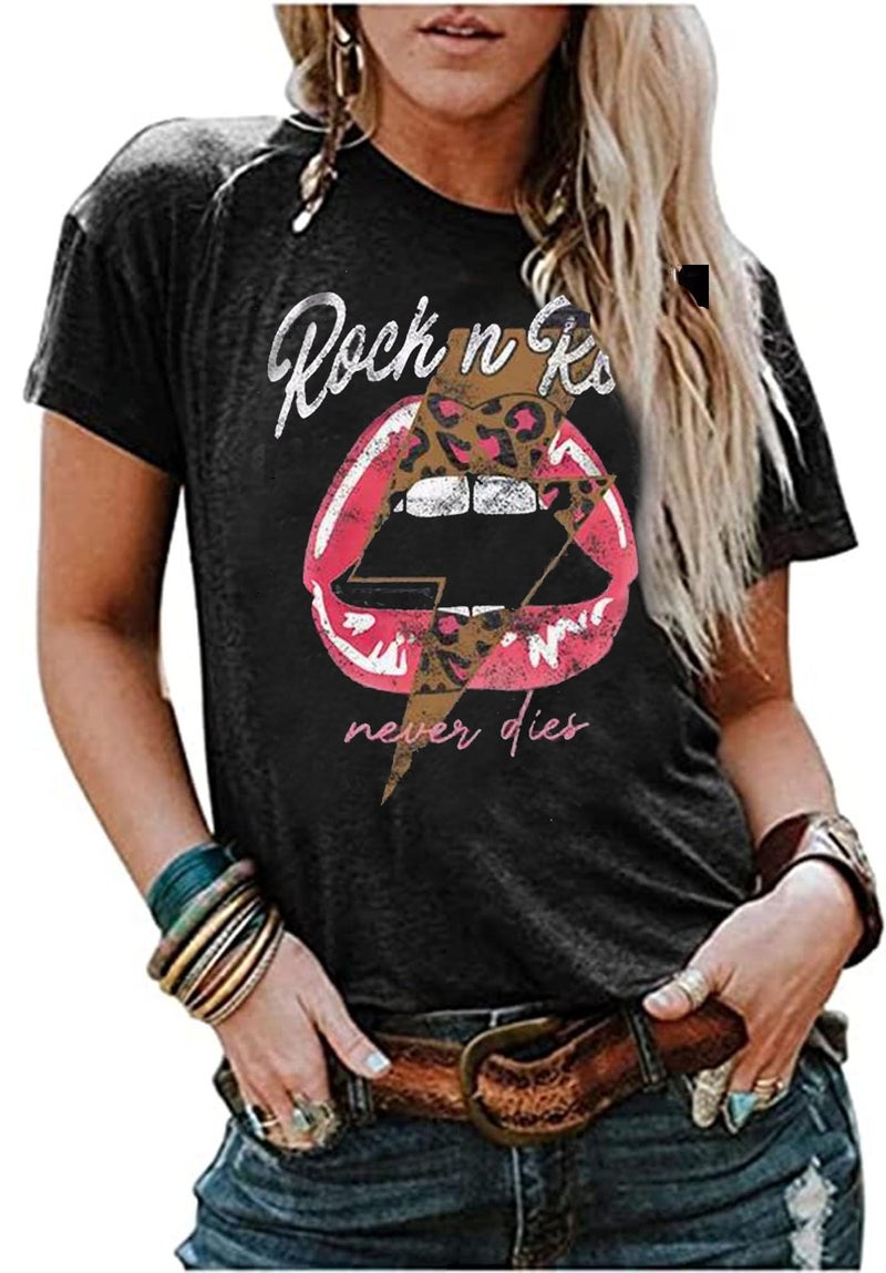 KBLDZHT Rock N Roll Shirt Women Vintage Rock Music Graphic Shirt Country Music Tee Funny Letter Printed Casual Short Sleeve Tops (Large, Grey) - Image 1