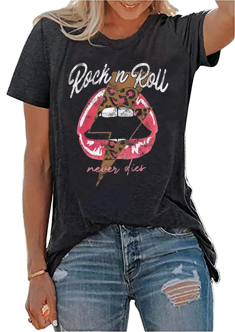 KBLDZHT Rock N Roll Shirt Women Vintage Rock Music Graphic Shirt Country Music Tee Funny Letter Printed Casual Short Sleeve Tops (Large, Grey) - Image 4