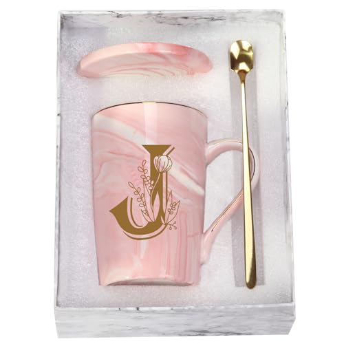 WENSSY Pink J Personalized Initial Mugs with Flower, 14 Ounce Novelty Coffee Mug for Women, Bridal Shower Gifts, Dishwasher Safe Porcelain Mug - Image 1