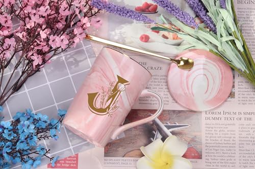 WENSSY Pink J Personalized Initial Mugs with Flower, 14 Ounce Novelty Coffee Mug for Women, Bridal Shower Gifts, Dishwasher Safe Porcelain Mug - Image 2