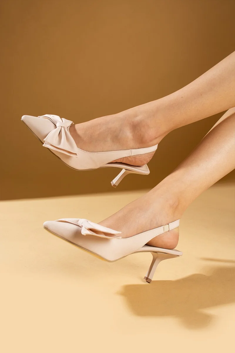 Pembe Potin Pink Potin Bow Detailed Pointed Toe Satin Fabric Women's Heeled Shoes 43-23-24SATEN