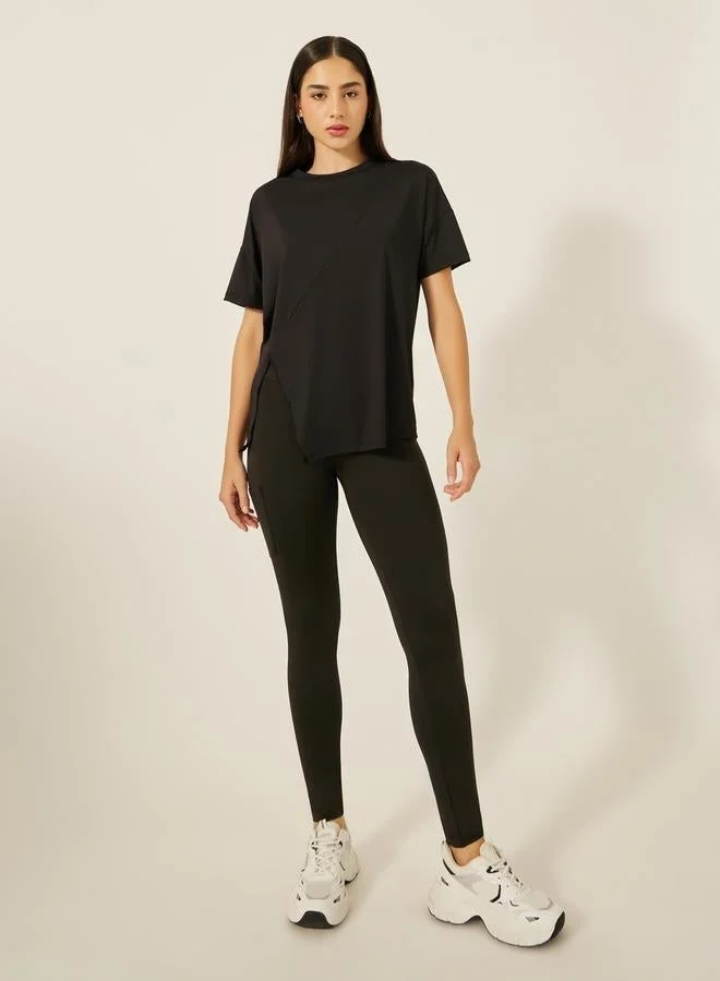 Styli Active Plain Side Slit Short Sleeve Top