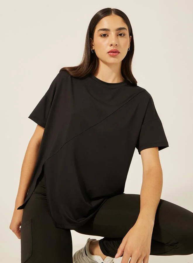 Styli Active Plain Side Slit Short Sleeve Top