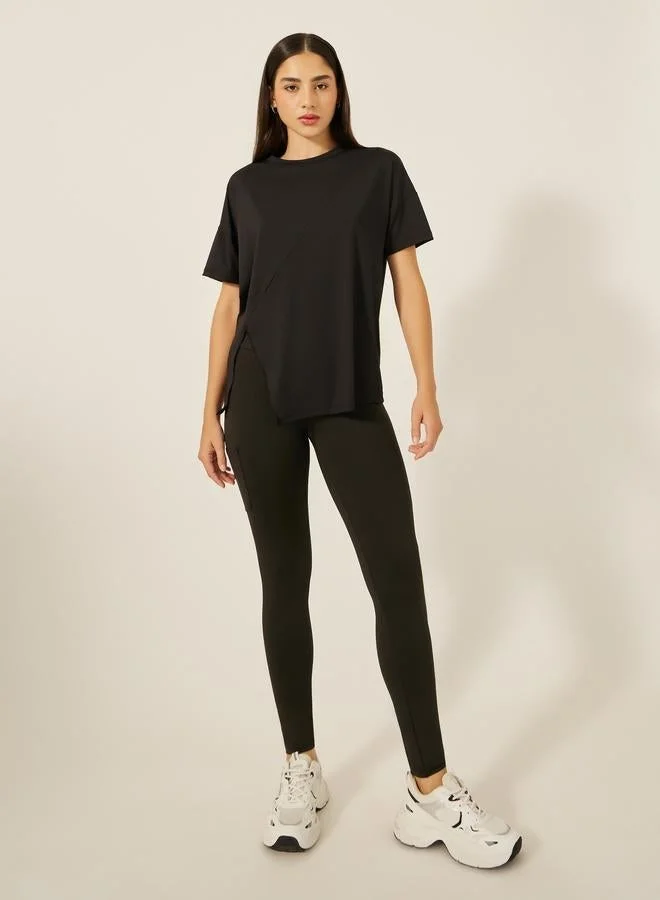 Styli Active Plain Side Slit Short Sleeve Top