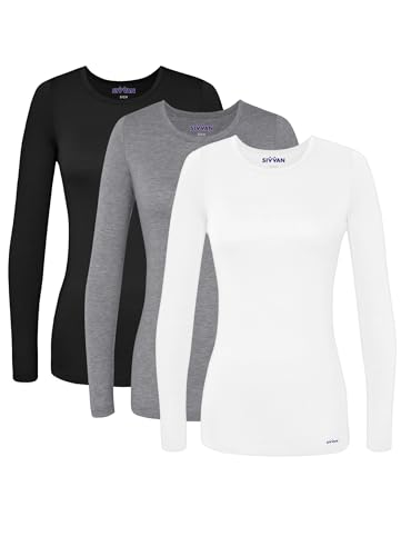Sivvan Scrubs for Women - Long Sleeve Comfort Underscrub Tee 3-Pack - S85003 - Black/Dark Marl Grey/White - XL - Image 1