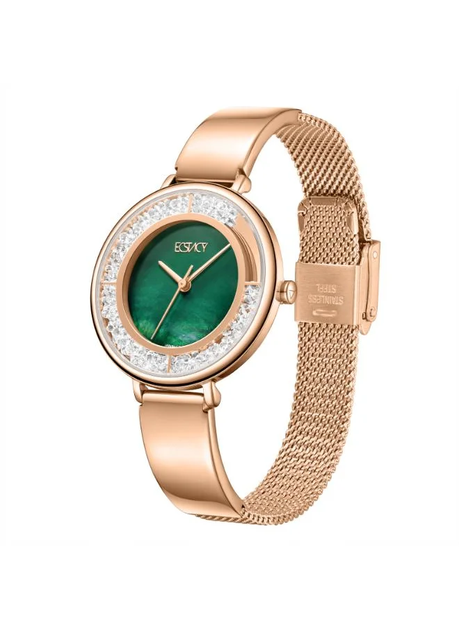 ECSTACY Women's Analog Display Watch With Rose Gold Stainless Steel Strap - E23501-RBKG