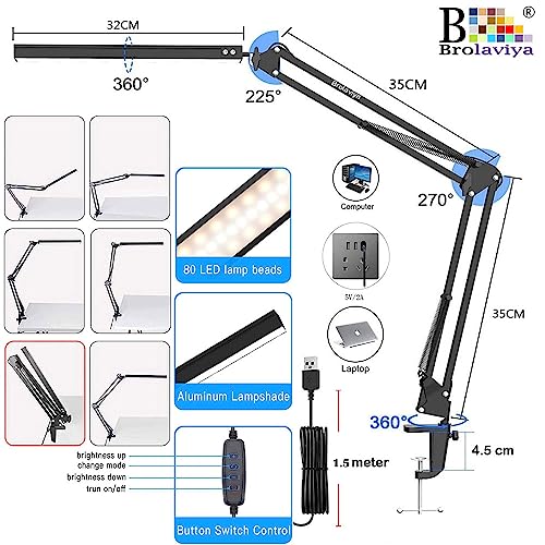 BROLAVIYA Aluminium Overhead Led Desk Lamp, Swing Arm, 3 Lighting 10 Brightness Eye-Caring Modes, for Reading Desk Lamps, Home, Office, Desktop, Black - Image 3