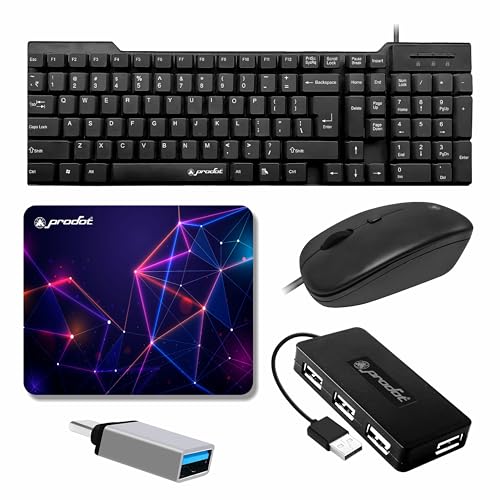 Prodot 5-in-1 Wired Combo Pack | Wired Keyboard + Quad Optical Mouse with Adjustable DPI + 4 in1 Port USB Hub + USB Type-A to Type-C Converter + Anti-Slip Mouse Pad | for Laptop/Desktop/PC - Image 1