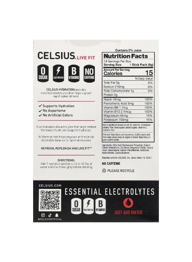 Celsius, Live Fit, Hydration, Essential Electrolytes, No Caffeine, Fruit Punch, 14 Hydration Powder Sticks, 0.27 oz (7.76 g) Each (Packaging may vary) - Image 2