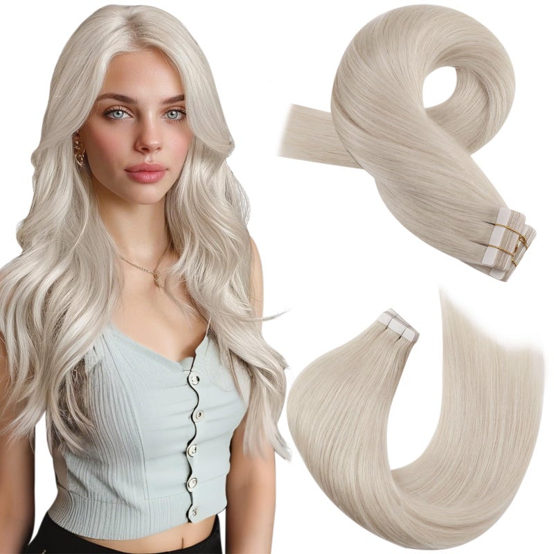 Moresoo Blonde Tape in Extensions White Blonde Human Hair Extensions Tape in Real Hair Seamless Blonde Glue in Extensions 16 Inch #60A 20pcs 50g - Image 1