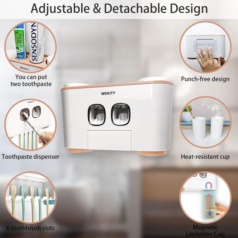 Wekity Toothbrush Holder Wall Mounted, Multi-Functional Toothbrush and Toothpaste Dispenser for Bathroom, with 5 Toothbrush Slots, 2 Toothpaste Squeezers and 4 Cups(Pink) - Image 2