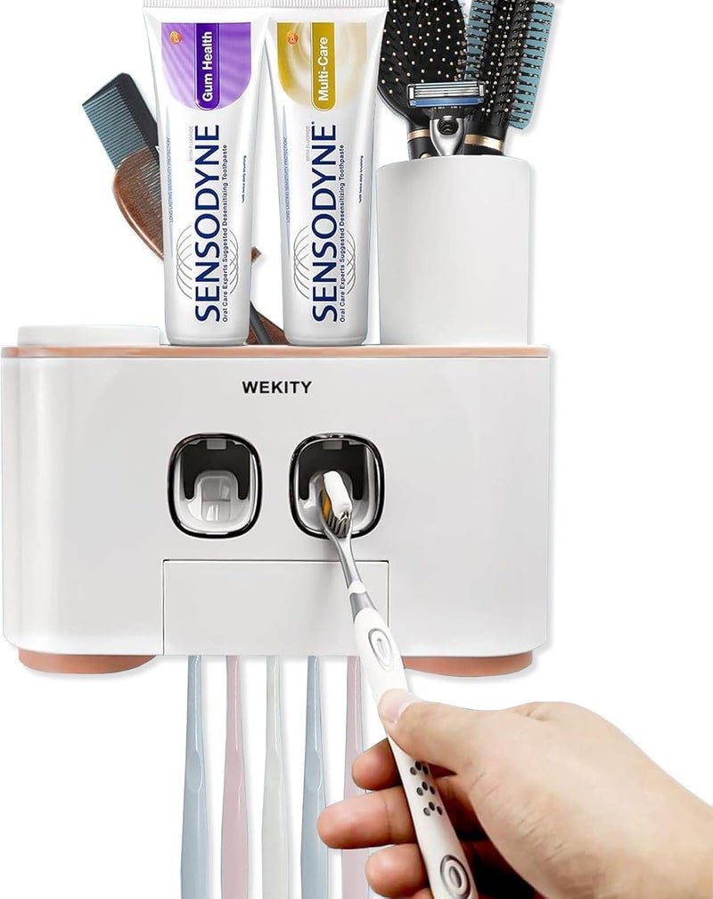 Wekity Toothbrush Holder Wall Mounted, Multi-Functional Toothbrush and Toothpaste Dispenser for Bathroom, with 5 Toothbrush Slots, 2 Toothpaste Squeezers and 4 Cups(Pink) - Image 1