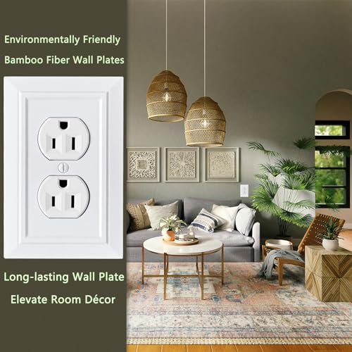 FunKiim Classic Architecture Wall Plates,Light Switch covers, Electrical Outlet Covers, Duplex receptacle wall plates,Mid Size Bamboo Fiber Material Switch plates Pure White (1 Gang Duplex 4PK) - Image 5