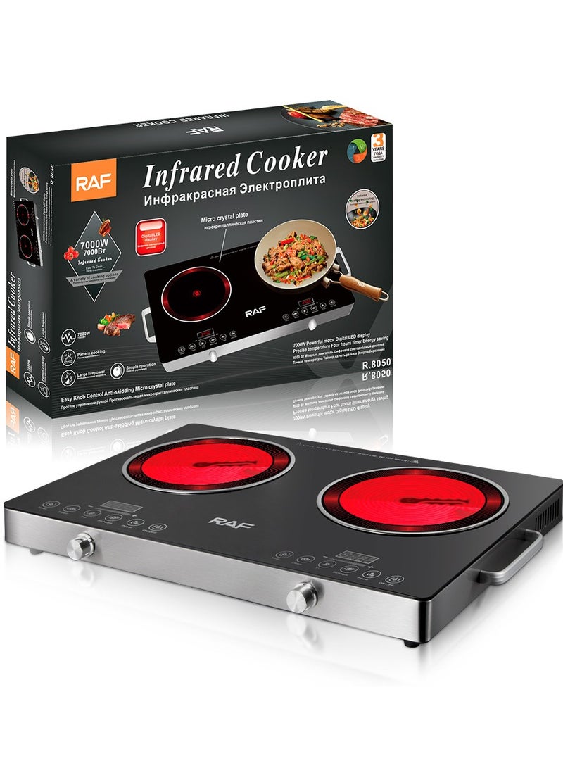 آر إيه أف موقد كهربائي مزدوج يعمل بالأشعة تحت الحمراء - موقد محمول بقوة 7000 وات، موقد يعمل بالأشعة تحت الحمراء، يسخن في ثوانٍ، موقد سطحي للسكن الجامعي، متوافق مع جميع أدوات الطهي - Image 1