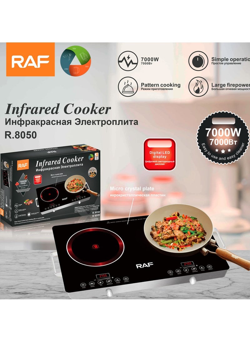 آر إيه أف موقد كهربائي مزدوج يعمل بالأشعة تحت الحمراء - موقد محمول بقوة 7000 وات، موقد يعمل بالأشعة تحت الحمراء، يسخن في ثوانٍ، موقد سطحي للسكن الجامعي، متوافق مع جميع أدوات الطهي - Image 2